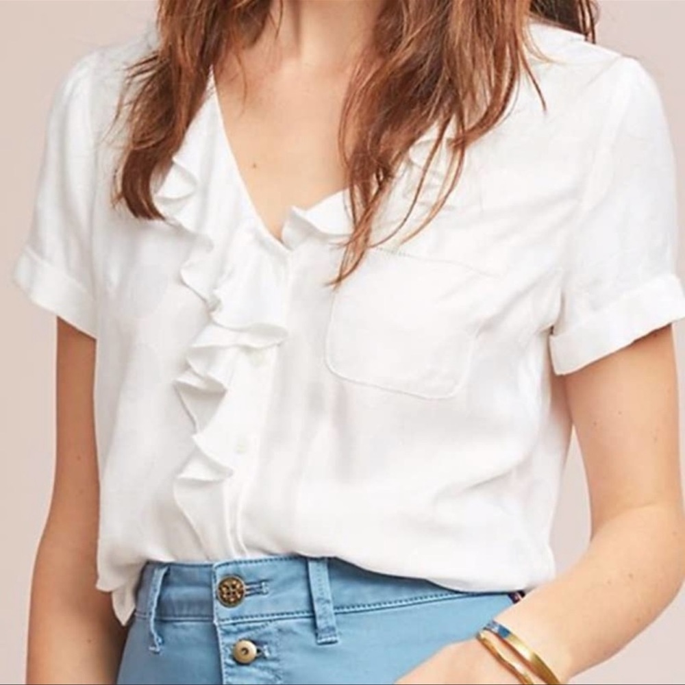 Anthro Maeve Jojo Ruffle Front Short Sleeve
Circle Button Down Blouse X-Small